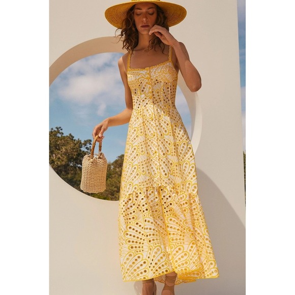 Jardin Vue Dresses & Skirts - JARDINVUE Lace Buttoned Ruffle Hem Cami Midi Dress Yellow Embroidered X-Small
